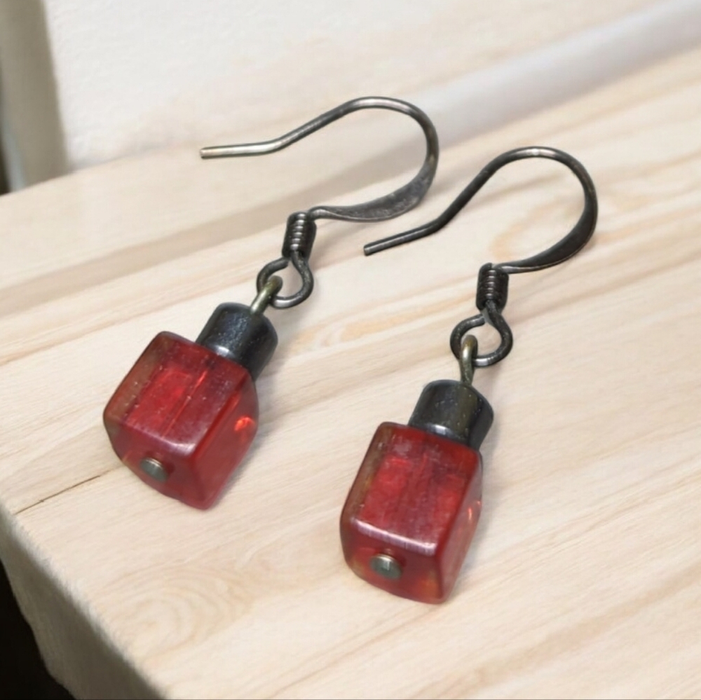 Red Cube Dangle Earrings – Industrial Gunmetal Drop, Minimalist Handmade Style